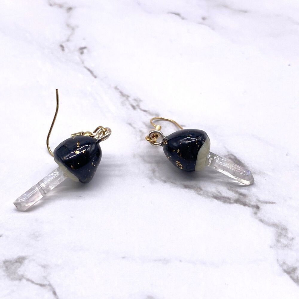 Black Mushroom Quartz Crystal Dangle wire hook polymer Clay Earrings